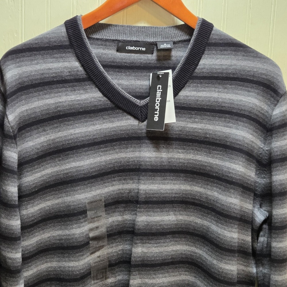 Claiborne Sweater Mens Medium Gray Stripe 100% Cotton V Neck Knit Pullover